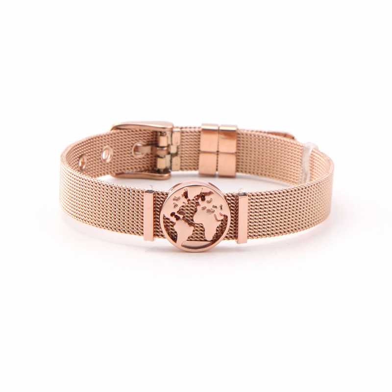 Rose Gold Adjustable Stainless Steel World Map Bracelet Jewelry Wrist Band Mesh Charm Bracelets