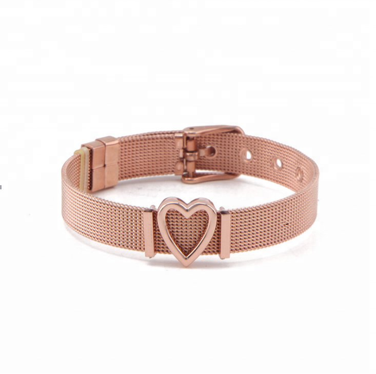 Fashion Women Adjustable Watch Bracelet Stainless Steel DIY Removable Slide Heart Charm Mesh Bracelet