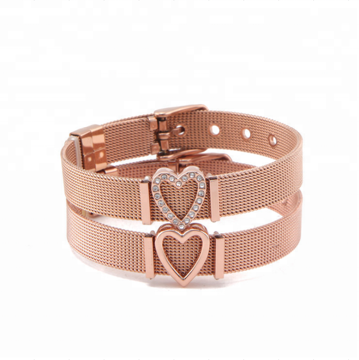 Fashion Women Adjustable Watch Bracelet Stainless Steel DIY Removable Slide Heart Charm Mesh Bracelet