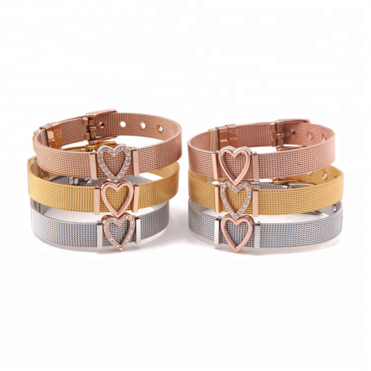 Fashion Women Adjustable Watch Bracelet Stainless Steel DIY Removable Slide Heart Charm Mesh Bracelet