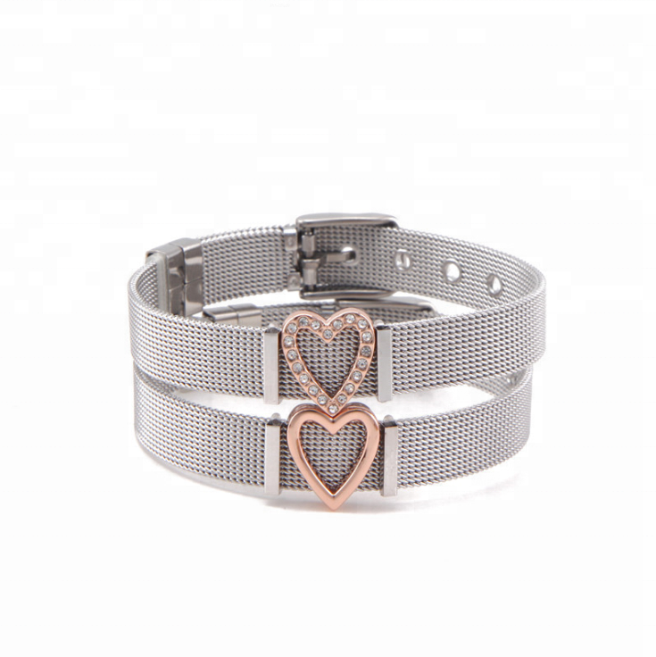 Fashion Women Adjustable Watch Bracelet Stainless Steel DIY Removable Slide Heart Charm Mesh Bracelet