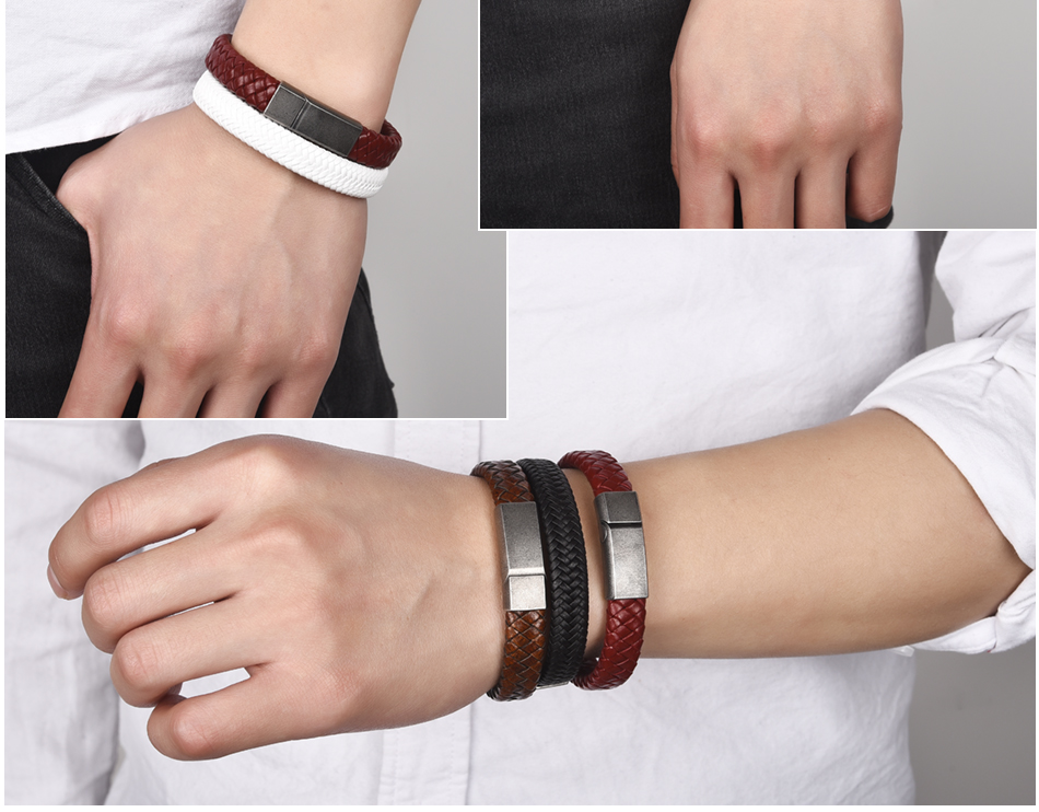 LICA Punk Men Jewelry Black/Brown Braided Leather Bracelet Stainless Steel Magnetic Clasp Fashion Bangles 18.5/22/20.5cm