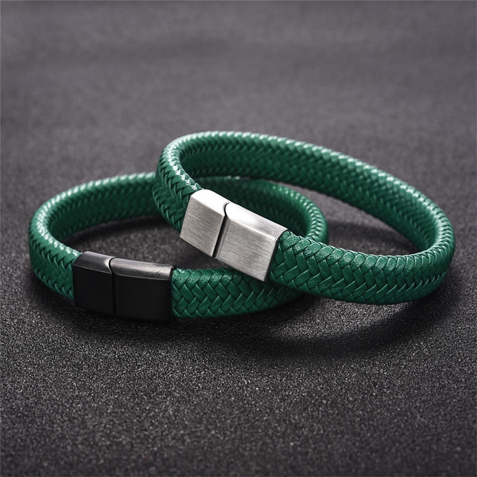 LICA Punk Men Jewelry Black/Brown Braided Leather Bracelet Stainless Steel Magnetic Clasp Fashion Bangles 18.5/22/20.5cm