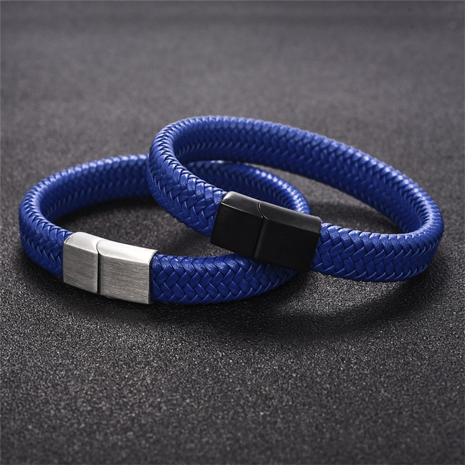 LICA Punk Men Jewelry Black/Brown Braided Leather Bracelet Stainless Steel Magnetic Clasp Fashion Bangles 18.5/22/20.5cm