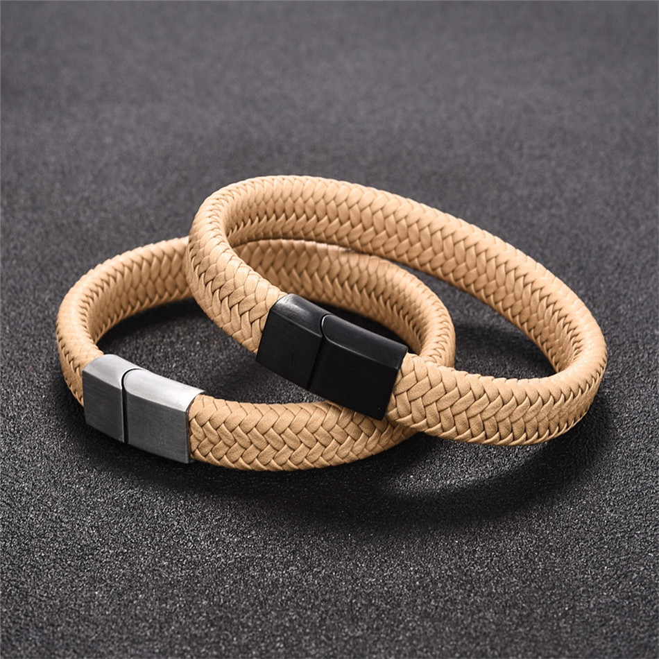 LICA Punk Men Jewelry Black/Brown Braided Leather Bracelet Stainless Steel Magnetic Clasp Fashion Bangles 18.5/22/20.5cm
