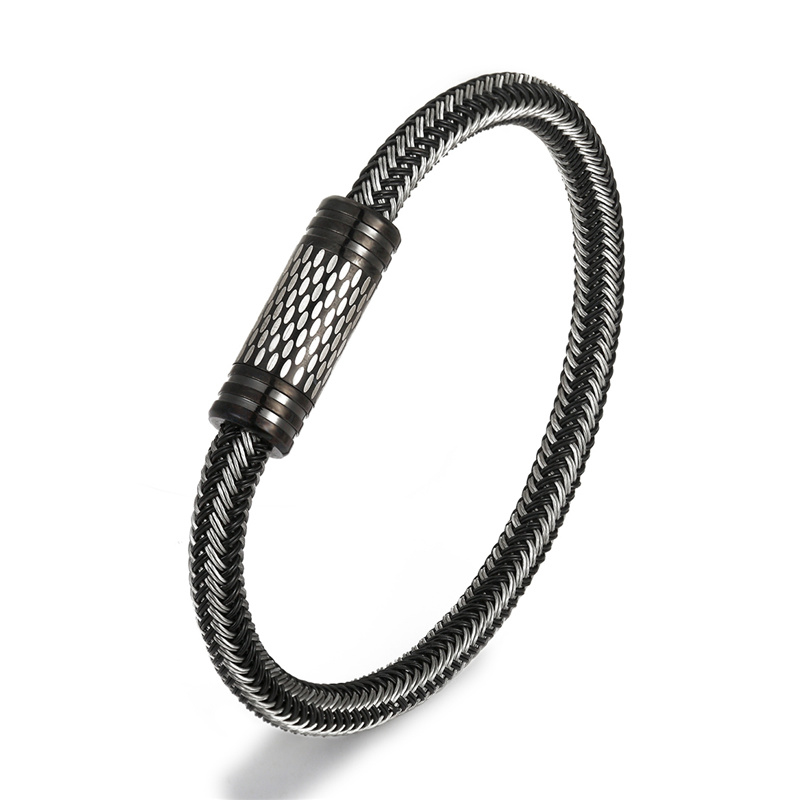 LICA New Classic Style Men Leather Bracelet Simple Black Stainless Steel Button Neutral Accessories Hand-woven Jewelry Gifts