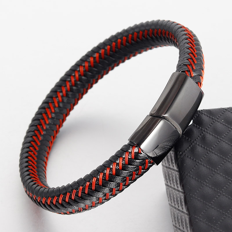 LICA Red Genuine Leather Bracelet for Men Jewelry Stainless Steel Infinity Bangle Magnetic Clasp Braid Trendy Chain For Male