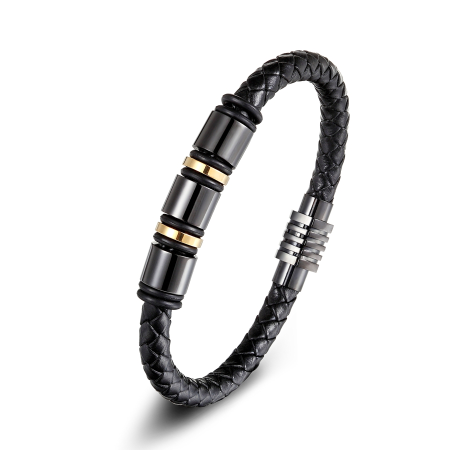 LICA Genuine Leather Cool Black Gold Creative Design Stainless Steel Magnetic Buckle Charm Men Leather Bracelet Size 19/21/23CM