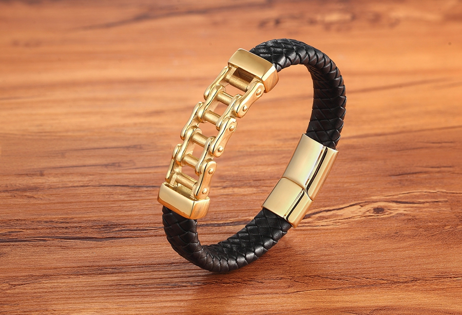 LICA Unique Punk Design Special Pattern Bicycle Chain Stainless Steel Accessories Men's Leather Bracelet Multi-color Birthday Gift
