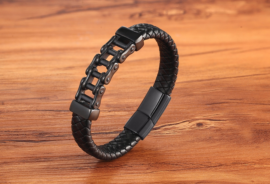 LICA Unique Punk Design Special Pattern Bicycle Chain Stainless Steel Accessories Men's Leather Bracelet Multi-color Birthday Gift