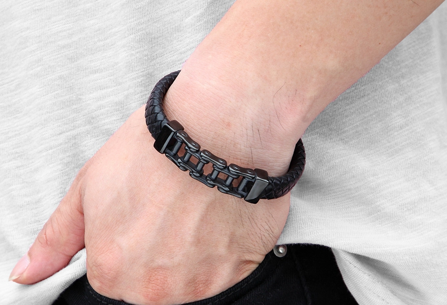 LICA Unique Punk Design Special Pattern Bicycle Chain Stainless Steel Accessories Men's Leather Bracelet Multi-color Birthday Gift