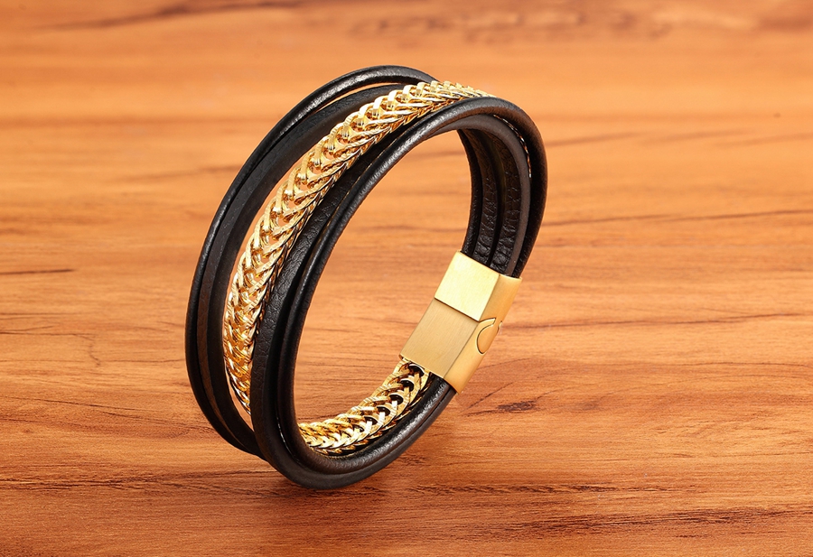LICA Luxury Punk Stainless Steel Chain Combination Leather Bracelet Multi-layer Accessories Personality Men Bracelet Collection Gift