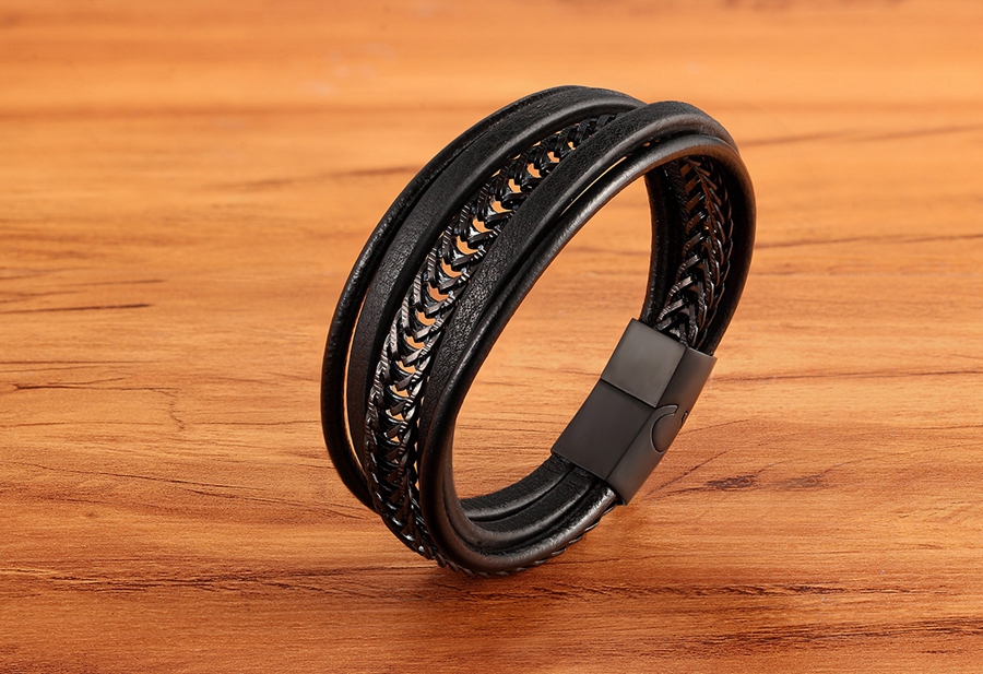 LICA Luxury Punk Stainless Steel Chain Combination Leather Bracelet Multi-layer Accessories Personality Men Bracelet Collection Gift