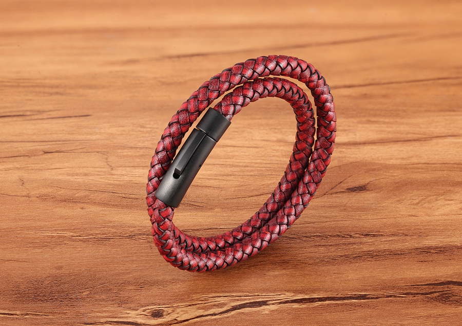 LICA Punk Men Jewelry Black Stainless Steel Clasp Double Layer Leather Bracelet For Handsome Boys Presente de aniversário