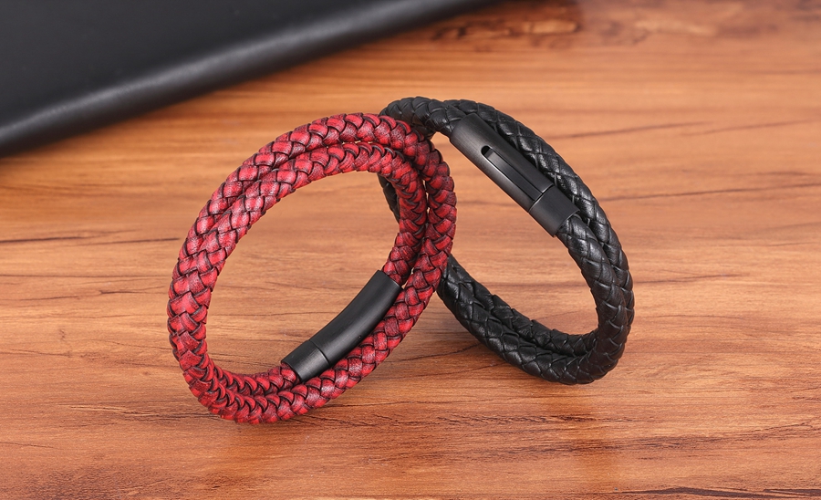LICA Punk Men Jewelry Black Stainless Steel Clasp Double Layer Leather Bracelet For Handsome Boys Presente de aniversário