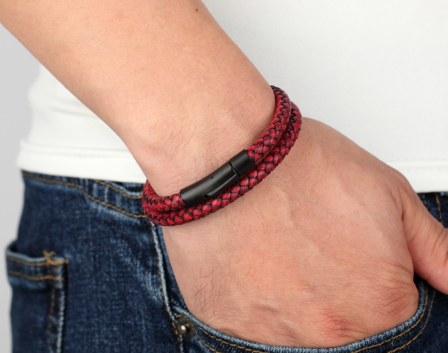 LICA Punk Men Jewelry Black Stainless Steel Clasp Double Layer Leather Bracelet For Handsome Boys Presente de aniversário