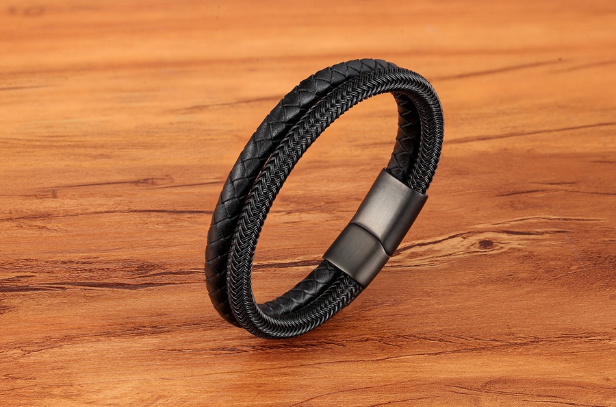 LICA Classic Style Leather With Stainless Steel Stitching Combination Men's Bracelet Black/Steel Buckle Party Accessories Gift