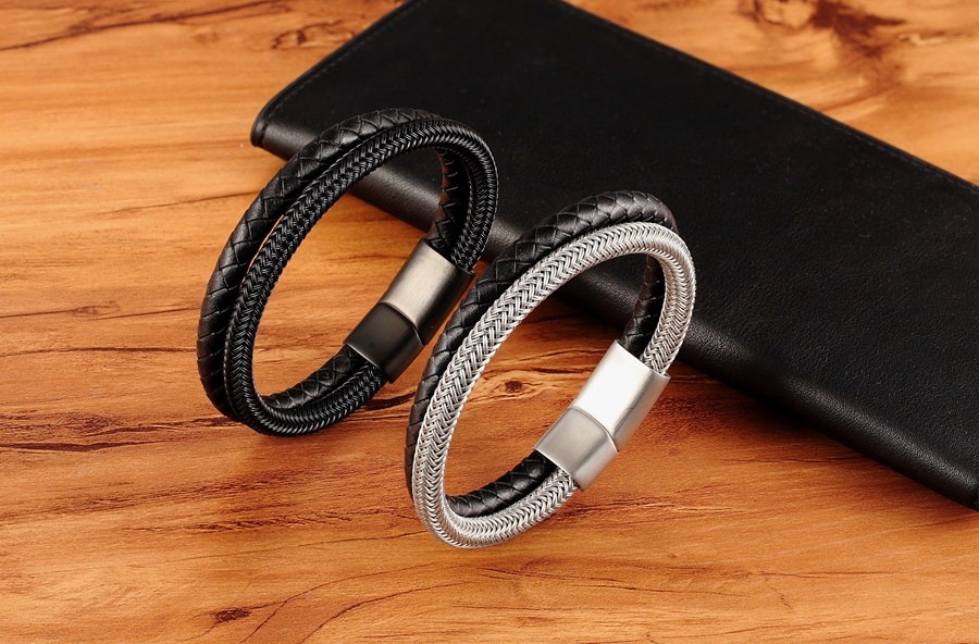 LICA Classic Style Leather With Stainless Steel Stitching Combination Men's Bracelet Black/Steel Buckle Party Accessories Gift