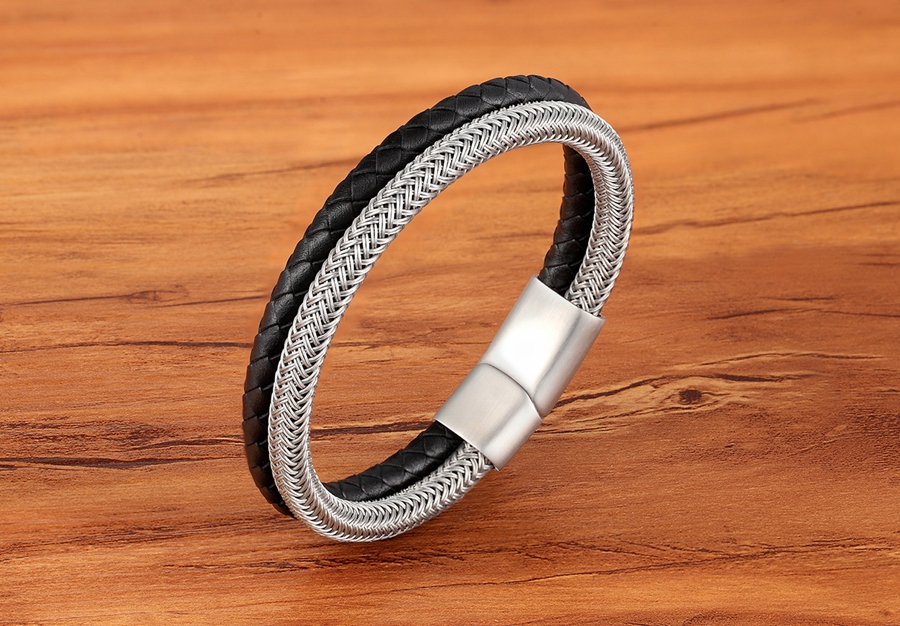LICA Classic Style Leather With Stainless Steel Stitching Combination Men's Bracelet Black/Steel Buckle Party Accessories Gift
