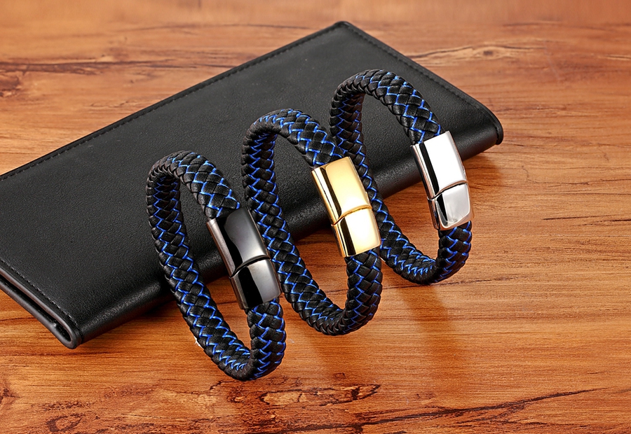 LICA Fashion Design Stripe Blue Color New Classic Stereo Technology Genuine Leather Bracelet For Men Merry Christmas Gift Sale