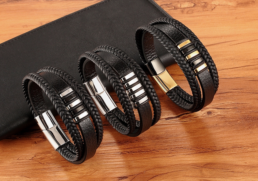 New 3 Layers Black Gold Punk Style Design Genuine Leather Bracelet for Men Steel Magnetic Button Birthday Gift Male Bracelets