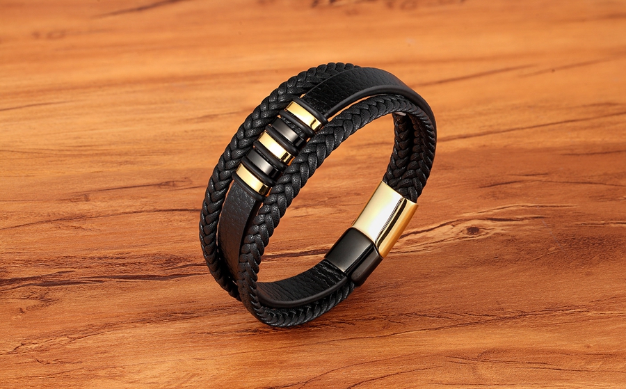 New 3 Layers Black Gold Punk Style Design Genuine Leather Bracelet for Men Steel Magnetic Button Birthday Gift Male Bracelets