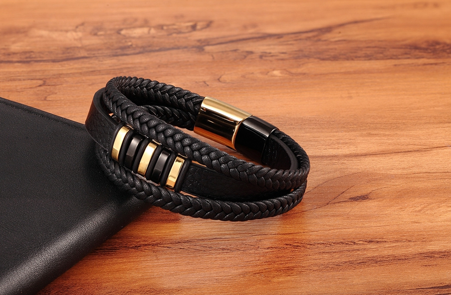 New 3 Layers Black Gold Punk Style Design Genuine Leather Bracelet for Men Steel Magnetic Button Birthday Gift Male Bracelets