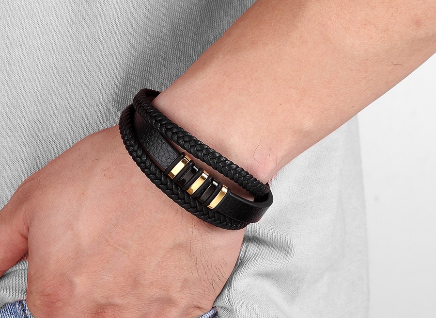 New 3 Layers Black Gold Punk Style Design Genuine Leather Bracelet for Men Steel Magnetic Button Birthday Gift Male Bracelets
