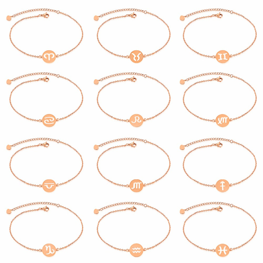 LICA Minimalism Style Bracelets Rose Gold Color Stainless Steel Chain Sign of Twelve Constellation Fashion Bangles Gift For Women