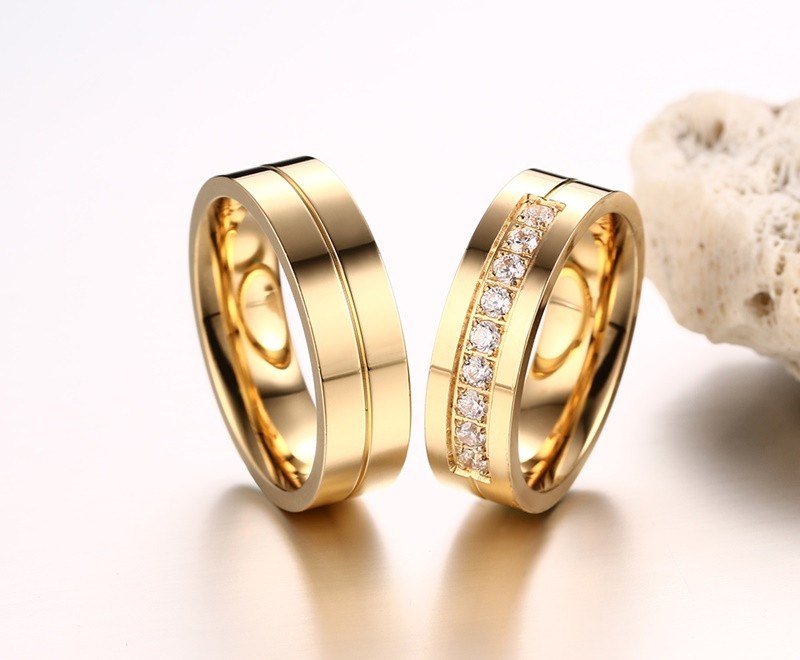 LICA Trendy Wedding Bands Rings for Women / Men Love Gift Gold-color Stainless Steel CZ Promise Couple Jewelry