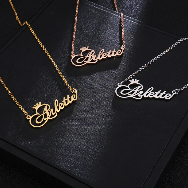 LICA Personalized Name Crown Necklace Handmade Customized Cursive Font Nameplate Pendant Necklace Stainless Steel Chain Jewelry