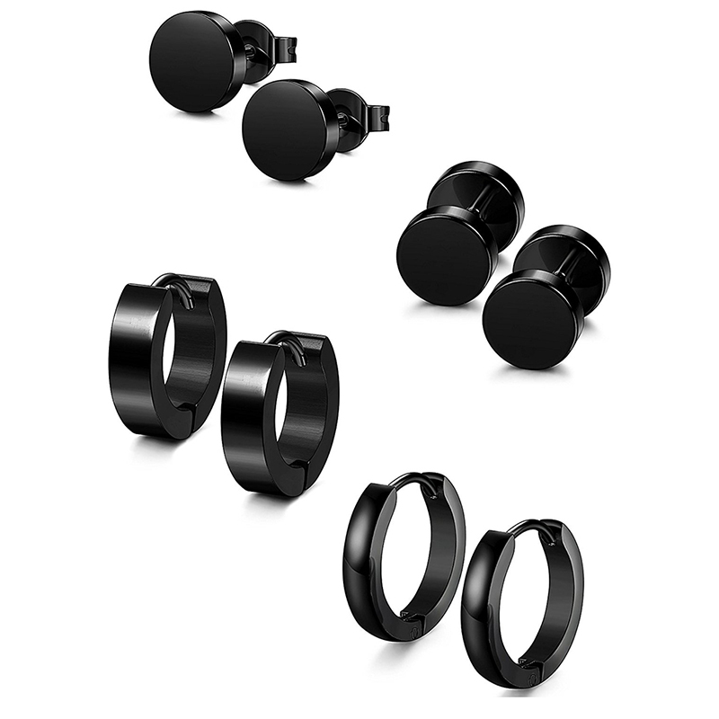 LICA 1 Set 4 Pair Different Types Shape Unisex Black Color Stainless Steel Piercing Earring For Women Men Punk Gothic Barbell Earring