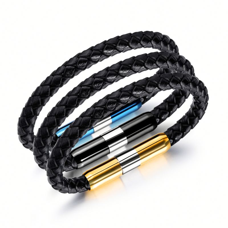 LICA Mens Vibration Health Magnetic Stainless Steel Black Braided Leather Bracelets