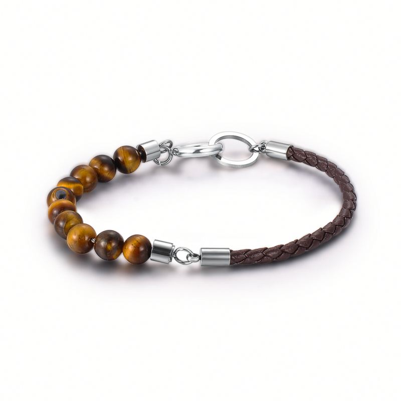 Ladies Fashion New Design Braided Black Leather Tiger Eye Stone Bead Gemstone Bracelet For Women