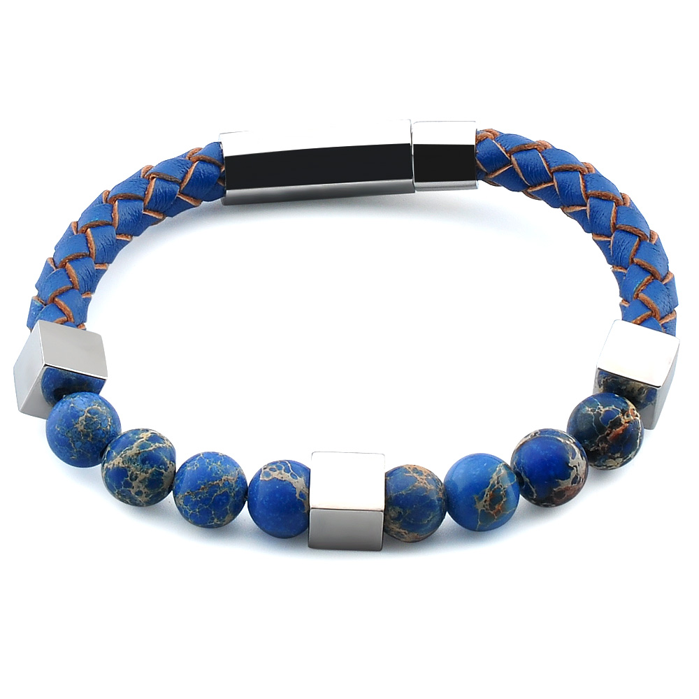 Wholesale Fashion Handmade High Quality Custom Jewelry Black Gemstone Natural Lava Stone Mens Leather Bead Bracelet