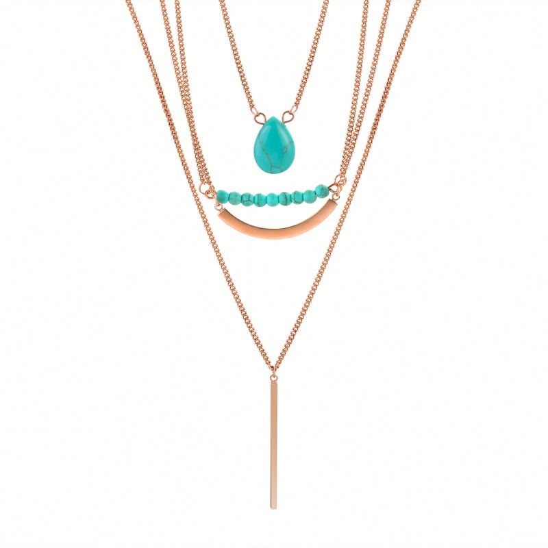 LICA Fashion Jewelry Women Turquoise Stainless Steel Bar Multilayer Necklace