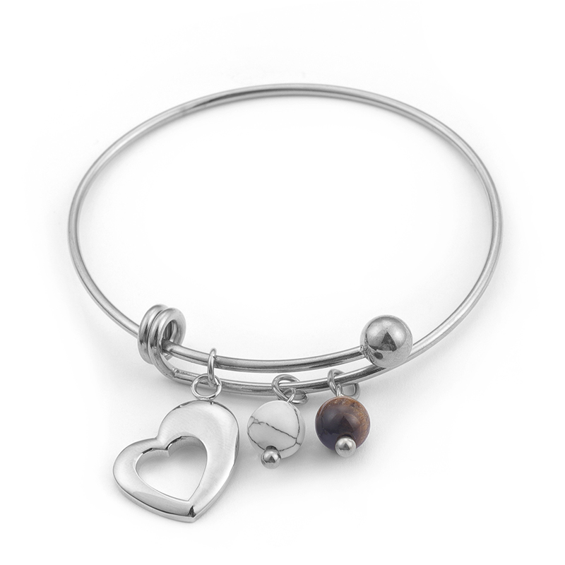 LICA Wholesale Custom Expandable Stainless Steel Thin Wire Bracelet With Heart Charm and Turquoise Stone