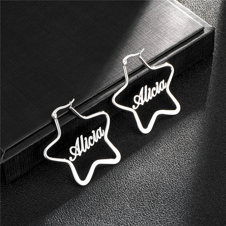 Personalized Jewelry Stainless Steel Silver Star Hoop Earrings Custom Any Name Earrings For Valentines Day Gifts