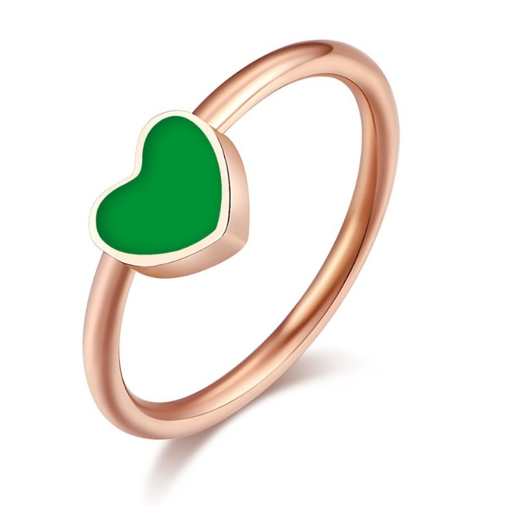 New Fashion Rose Gold Plated High Quality Green Love Heart Resizable Enamel Engagement Stainless Steel Ring Jewelry