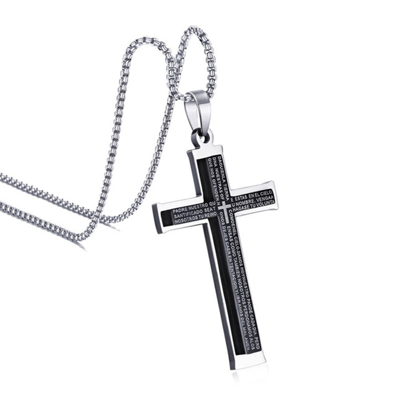 LICA Unisex Stainless Steel Espana Bible Prayer Necklace Cross Pendant for Mens Womens Black