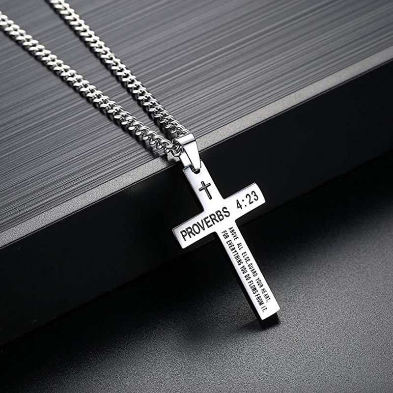 LICA Stainless Steel Bible Verse Cross Pendant Necklace for Men Women, Proverbs 4:23