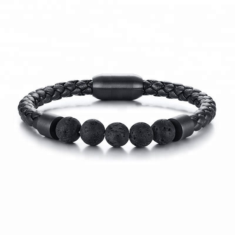 LICA New Design Black Stainless Steel Elegant Lava Bead Fashion Custom Leather Bracelet Men