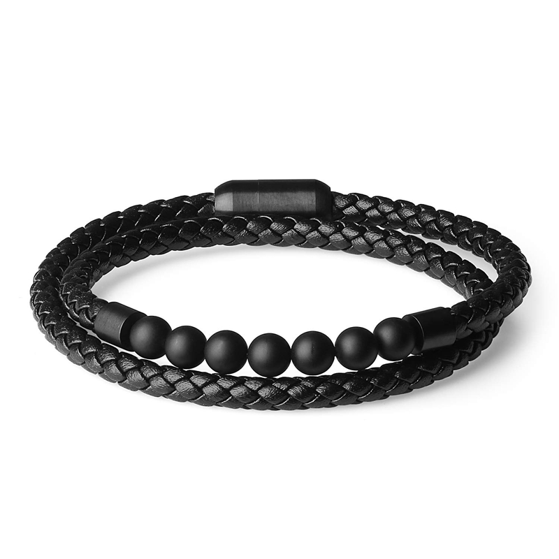 LICA Fashion stainless steel magnet buckle genuine leather agate double layer bead bracelet