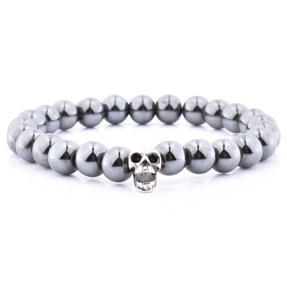 LICA Beaded Jewelry Energy Bead Hematite With Stainless Steel Skull Bracelet