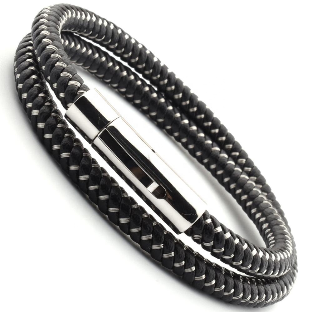Two Row Braided Black Leather Bracelet with Stainless Steel Clasp