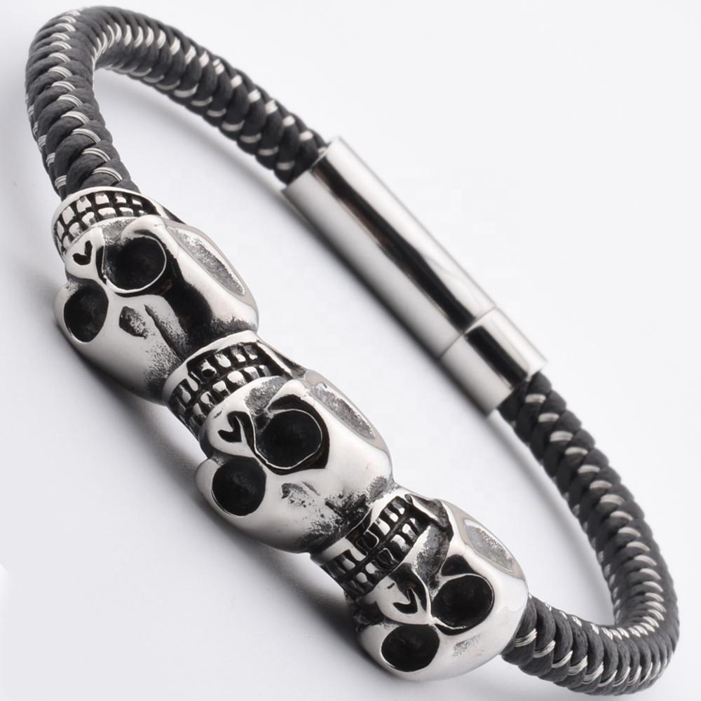 LICA Custom Hot Product Black Make Braided Leather Skull Wristband For Mens