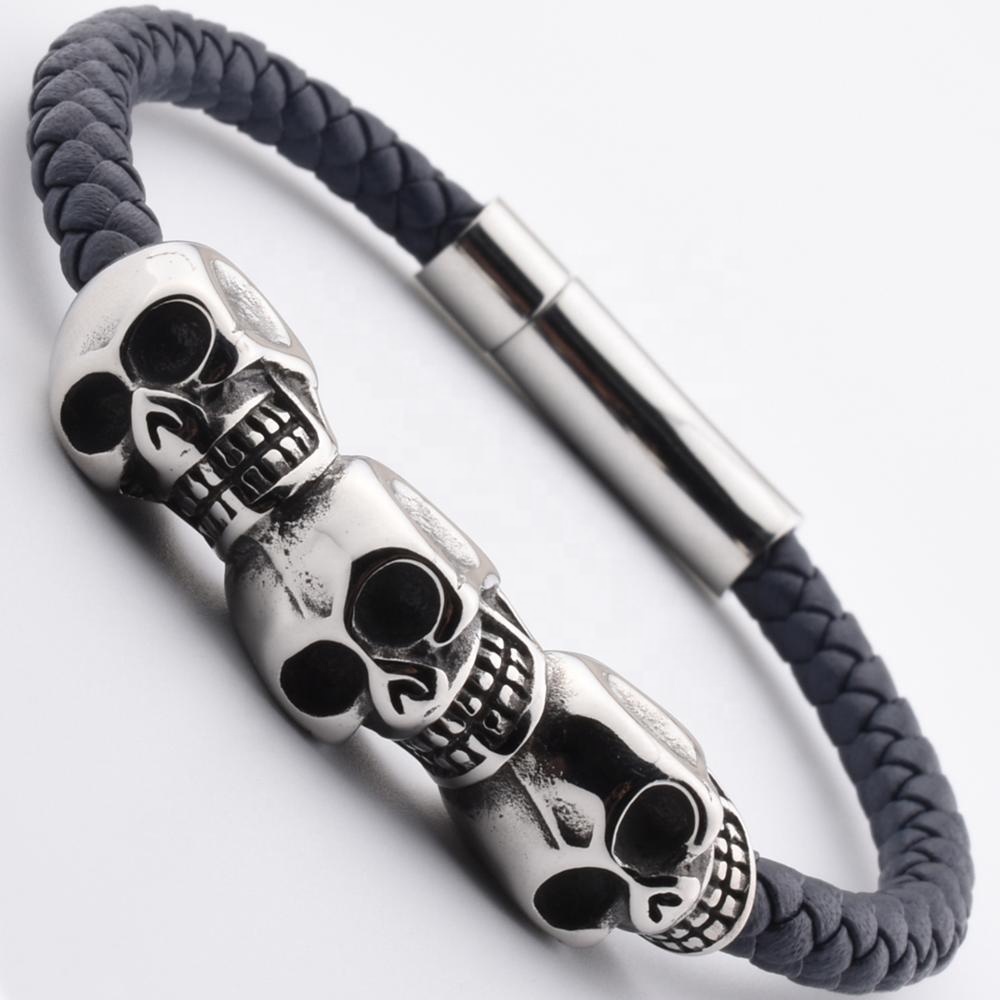 LICA European Style Hot Sale Leather And Stainless Steel Skull Metal Bracelet For Men