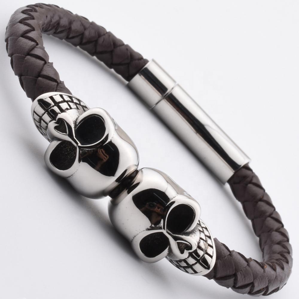 LICA Casual Newest Biker Gothic Double Skull Real Cow Leather Bracelets