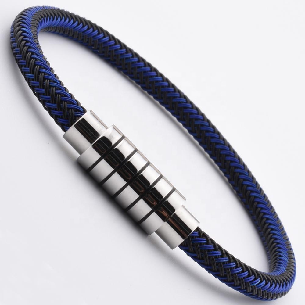 LICA Handmade High Quality Glass Mens Woven Steel Wire Leather Steel Clasp Bracelet