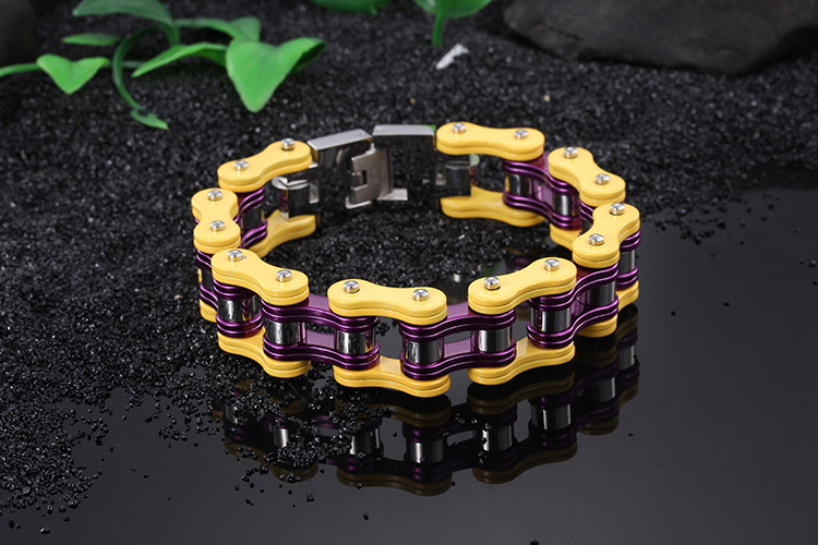 LICA 22cm Bike Chain Bracelets Men's Stainless Steel Heavy Chunky Yellow Purple Bicycle Chain Bracelets Male Accessories Gifts